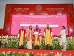 IN-SPACe chairman Dr Pawan Goenka presents degrees to students at IIT Kanpur’s 59th convocation on Wednesday. (HT Photo)