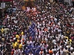 Indian devotees participate in the annual chariot procession of Hindu deity Lord Jagannath, in Ahmedabad,