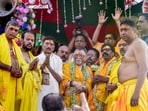 Jharkhand Governor Santosh Kumar Gangwar, Chief Minister Hemant Soren, Union Minister of State for Defence Sanjay Seth and others offer prayers during the annual Rath Yatra festival at Jagannath Temple in Ranchi on Thursday. (PTI)