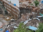 Mumbai, India. July 15, 2026 - A landslide between three under-construction sites in Pratiksha Nagar, Sion, has raised significant safety concerns and caused major cracks near an MHADA residential building. Mumbai, India. July 15, 2026. (Photo by Raju Shinde/HT Photo) (Raju Shinde)