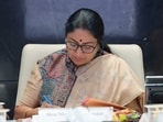 Chief minister Rekha Gupta addresses a cabinet meeting at the Secretariat, in New Delhi.