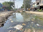 The accumulated sewage water near Rajiv Gandhi colony in Ludhiana on Wednesday. (Gurpreet Singh/HT)