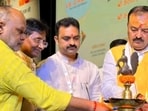 Union MoS Kamlesh Paswan (Centre) and UP deputy CM KP Maurya (right) inaugurating Panch Sammelan in Varanasi. (HT photo)