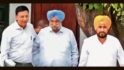 (From right) Former CM Charanjit Singh Channi, ex-deputy CM Sukhjinder Singh Randhawa and Congress general secretary Randeep Singh Surjewala after meeting AICC general secretary (organisation) KC Venugopal in New Delhi on Thursday. (HT) (From right) Former CM Charanjit Singh Channi, ex-deputy CM Sukhjinder Singh Randhawa and Congress general secretary Randeep Singh Surjewala after meeting AICC general secretary (organisation) KC Venugopal in New Delhi on Thursday. (HT)