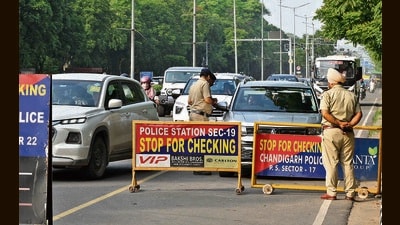 Chandigarh police naka at dividing road Sector 16-17 in Chandigarh on Tuesday, July 14, 2026. (HT PHOTO) Chandigarh police naka at dividing road Sector 16-17 in Chandigarh on Tuesday, July 14, 2026. (HT PHOTO)