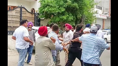 Clashes erupted between rival factions during the Qadian municipal council president election in Gurdaspur on Thursday. (ANI Video Grab) Clashes erupted between rival factions during the Qadian municipal council president election in Gurdaspur on Thursday. (ANI Video Grab)
