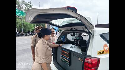 DCP Traffic Raveena Tyagi inspects an interceptor vehicle at Samta Mulak Chauraha in Lucknow on Wednesday. (Sourced)