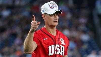 Rep. Greg Steube (R-FL) celebrates during the annual congressional baseball game at Nationals Park on June 10 in Washington, DC. (Getty Images via AFP)