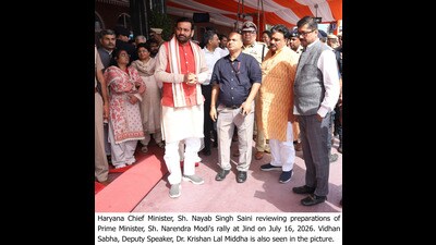 Haryana CM Nayab Singh Saini reviews the preparations for PM’s event in Jind on Thursday. (HT Photo) Haryana CM Nayab Singh Saini reviews the preparations for PM’s event in Jind on Thursday. (HT Photo)
