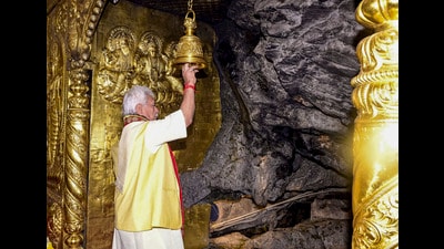 Jammu and Kashmir lieutenant governor Manoj Sinha offers prayers at the Mata Vaishno Devi temple, in Katra, on Thursday. (PTI) Jammu and Kashmir lieutenant governor Manoj Sinha offers prayers at the Mata Vaishno Devi temple, in Katra, on Thursday. (PTI)