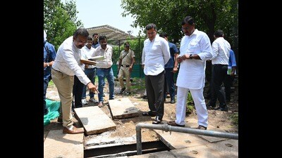 Water minister Parvesh Verma at Tyagaraj Stadium inspecting restored rainwater harvesting system. (Vipin Kumar/Hindustan Times)