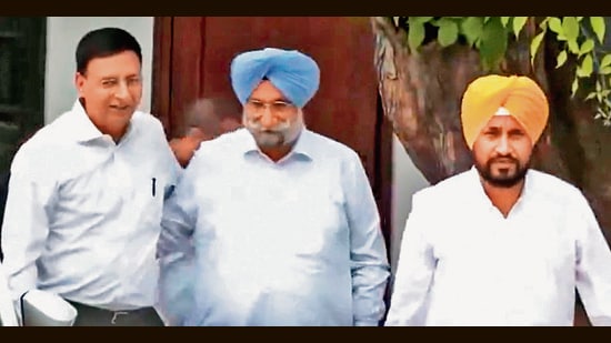 (From right) Former CM Charanjit Singh Channi, ex-deputy CM Sukhjinder Singh Randhawa and Congress general secretary Randeep Singh Surjewala after meeting AICC general secretary (organisation) KC Venugopal in New Delhi on Thursday. (HT)