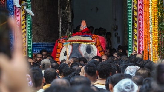 A view of the 'Pahandi' of the Lord Jagannath during the 149th Lord Jagannath Rath Yatra, in Puri on Thursday. The procession starts from Jagannath Temple to Gundicha Temple.(ANI Photo)