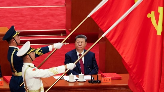 Chinese President Xi Jinping looks on as People’s Liberation Army honor guard hold party flags during a ceremony marking the 105th anniversary of the founding of the Communist Party of China at the Great Hall of the People in Beijing, China, July 1, 2026. (REUTERS)