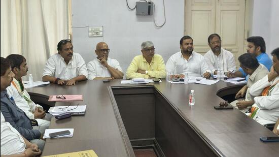 Congress state in-charge Rajendra Pal Gautam, state chief Ajay Rai and others during a meeting on Thursday. (Sourced)
