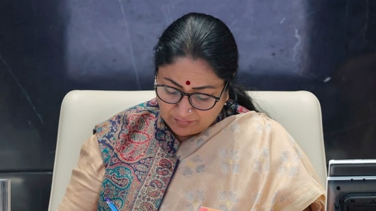 Chief minister Rekha Gupta addresses a cabinet meeting at the Secretariat, in New Delhi.