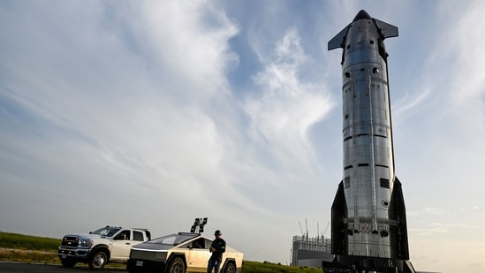 Starship 40 rolls out of the SpaceX production facility toward the launch pad as preparations continue for the 13th test flight of the Starship spacecraft and the Super Heavy v3 booster in Starbase, Texas.(REUTERS)