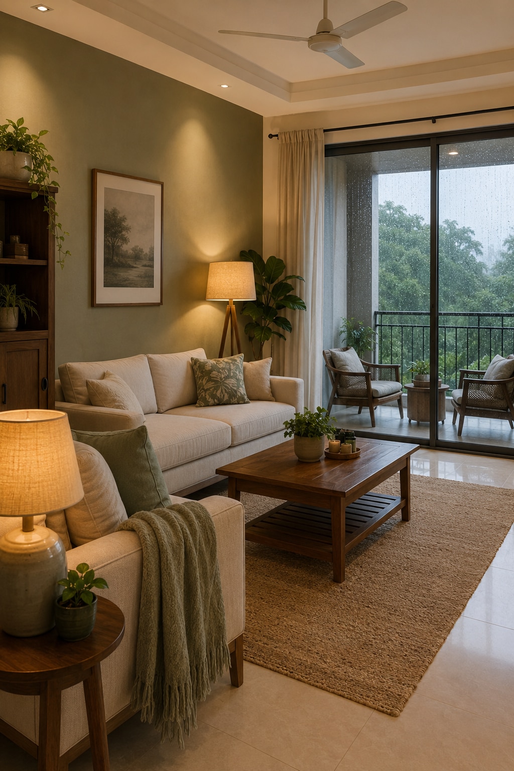 Warm lighting and cosy seating can keep a living room comfortable during the monsoon (Picture credit: AI generated) Warm lighting and cosy seating can keep a living room comfortable during the monsoon (Picture credit: AI generated)