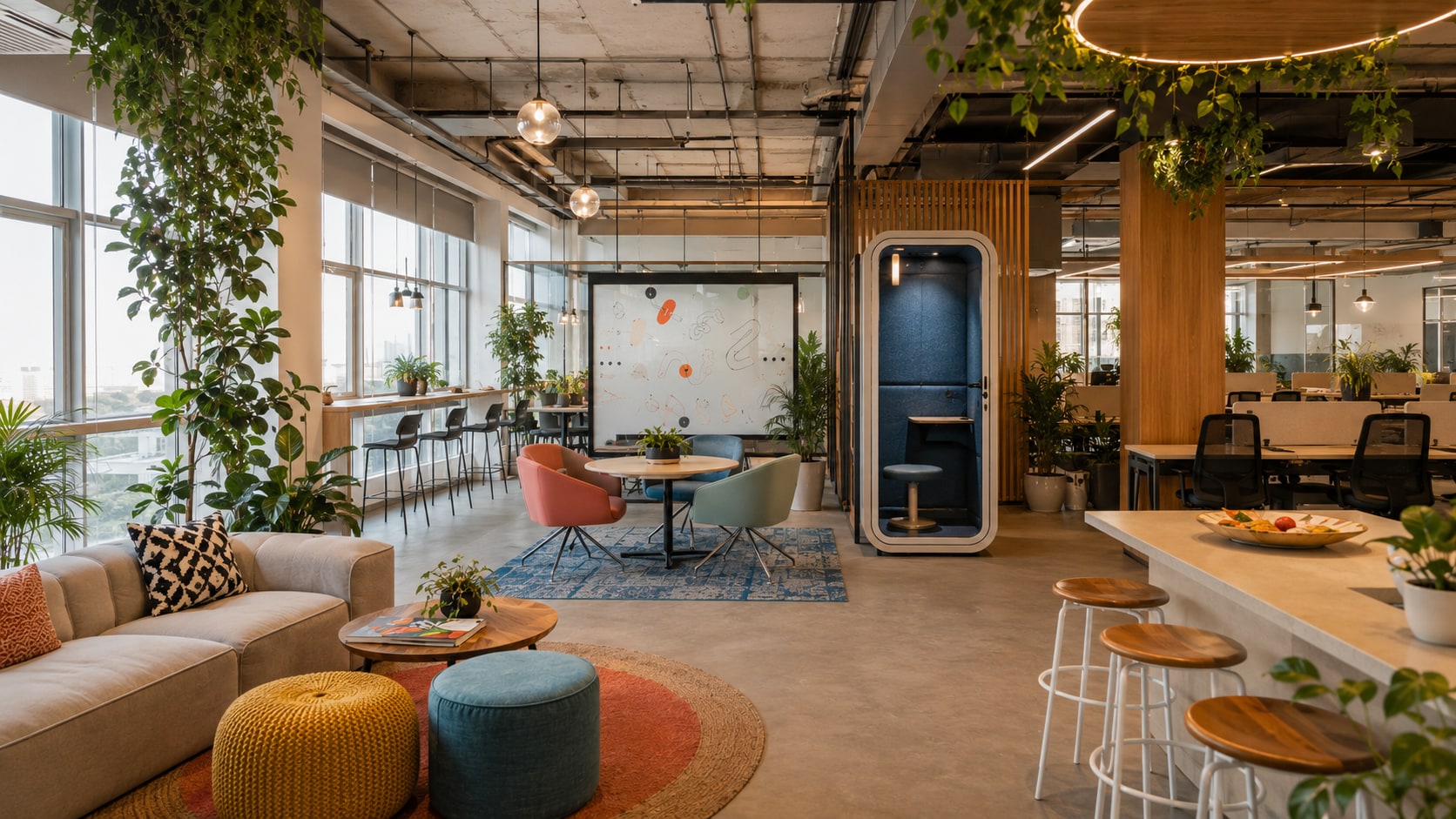 Open seating, colourful decor, and activity specific work zones help to foster a creative work environment. (Picture credit: AI generated) Open seating, colourful decor, and activity specific work zones help to foster a creative work environment. (Picture credit: AI generated)