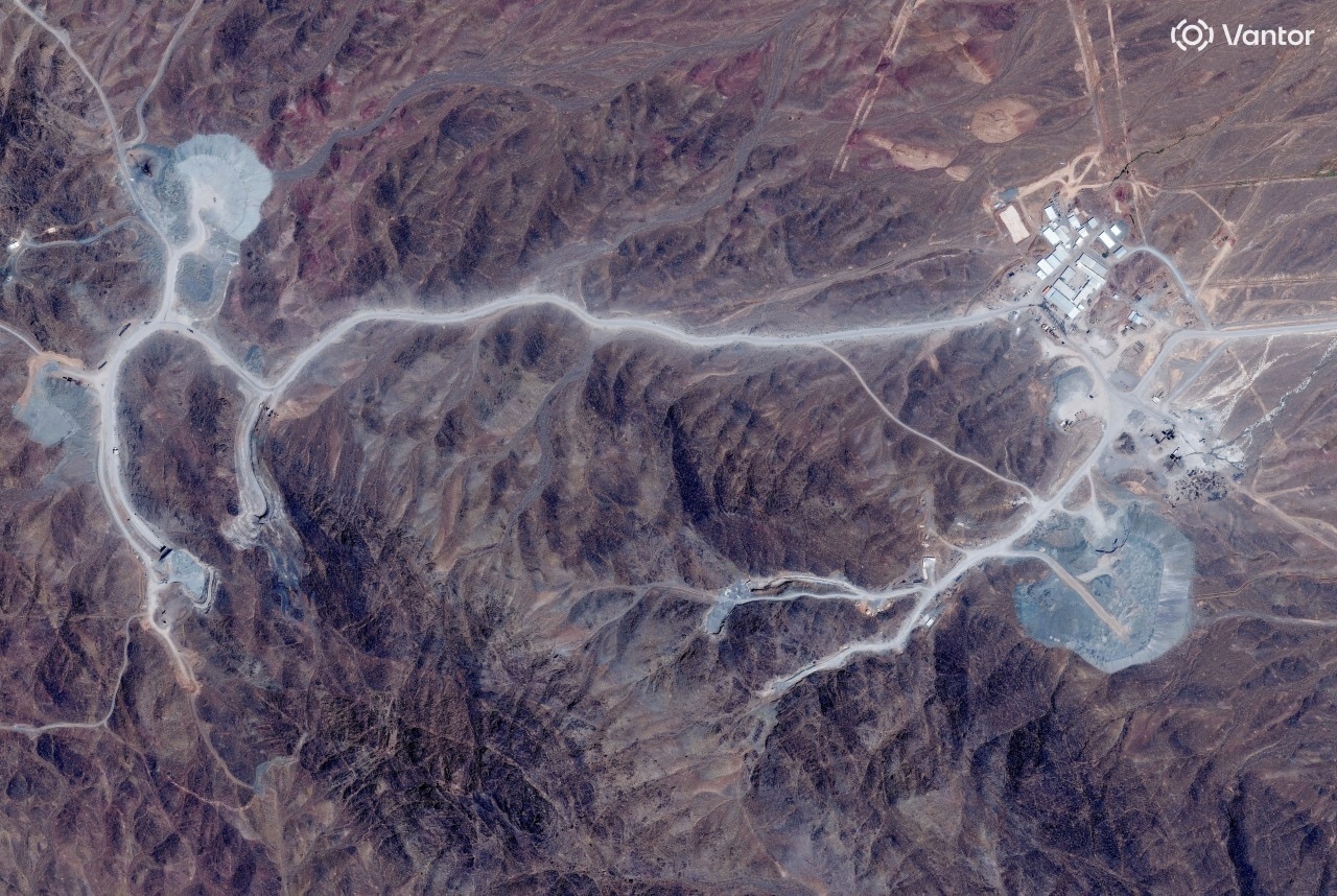 A satellite view shows tunnel entrances at Pickaxe Mountain in Iran on June 30. A satellite view shows tunnel entrances at Pickaxe Mountain in Iran on June 30.