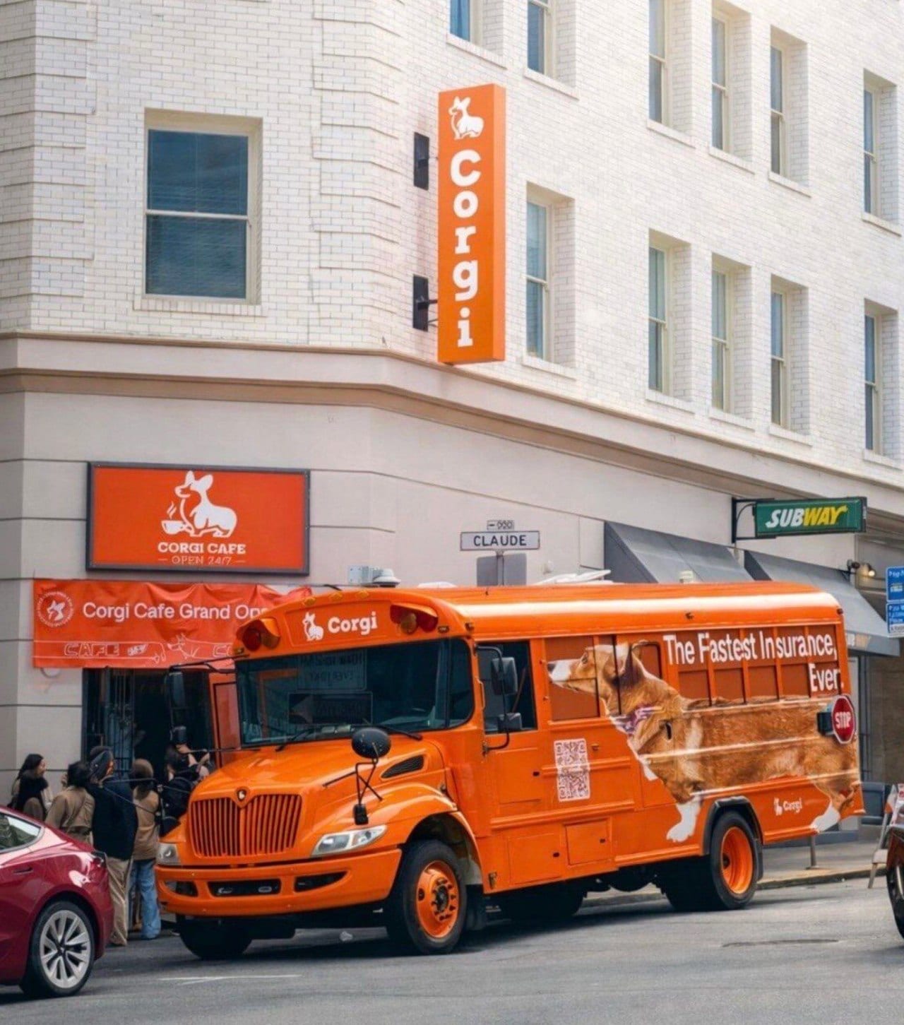 The Corgi Cafe in San Francisco’s Financial District and the company’s shuttle bus. The Corgi Cafe in San Francisco’s Financial District and the company’s shuttle bus.