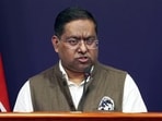 MEA spokesperson Randhir Jaiswal speaks during a media briefing in New Delhi.