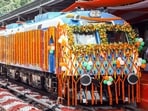 A view of the newly launched India's 1st Hydrogen Train between Jind and Sonipat decorated with flowers during its flagging off ceremony, in Jind on Friday.
