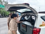 DCP Traffic Raveena Tyagi inspects an interceptor vehicle at Samta Mulak Chauraha in Lucknow on Wednesday. (Sourced)