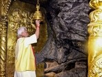 Jammu and Kashmir lieutenant governor Manoj Sinha offers prayers at the Mata Vaishno Devi temple, in Katra, on Thursday. (PTI)