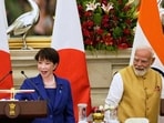 Japan's Prime Minister Sanae Takaichi, left, and Prime Minister Narendra Modi leave after the media briefing on their delegation level meeting in New Delhi on July 2. (AP Photo)
