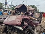 Three people, including two children, and five others were left injured as a train hit a vehicle on the way to school in West Bengal.