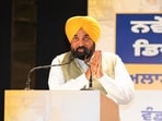 Punjab chief minister Bhagwant Mann speaking at a state-level function in Mohali. (HT)