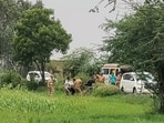 Police in action in Shikohabad area, Firozabad district, during a shootout with two wanted accused.