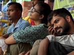 Manish, Neha and Aameen at their hunger strike site at Jantar Mantar.