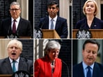 This combo of file photos show the former Prime Ministers of Britain since 2016 during their resignation speeches outside 10 Downing Street in London. Top row, from left, Keir Starmer, Rishi Sunak, and Liz Truss. Bottom row, from left, Boris Johnson, Theresa May, and David Cameron. (AP Photo/File)