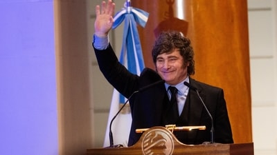 Argentina President Javier Milei trusts superstition over attending the World Cup final from the stadium. (Bloomberg) Argentina President Javier Milei trusts superstition over attending the World Cup final from the stadium. (Bloomberg)