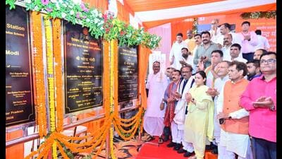 Deputy chief minister Brajesh Pathak and other dignitaries at the inauguration of the redeveloped Aishbagh railway station, revamped under the Amrit Bharat Station Scheme, in Lucknow on Friday. (Deepak Gupta/HT Photo) Deputy chief minister Brajesh Pathak and other dignitaries at the inauguration of the redeveloped Aishbagh railway station, revamped under the Amrit Bharat Station Scheme, in Lucknow on Friday. (Deepak Gupta/HT Photo)