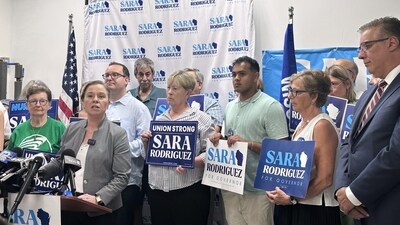 Democratic candidate for Wisconsin governor Sara Rodriguez speaks to supporters on Monday, July 13, 2026, in Madison, Wisconsin. (AP Photo/Scott Bauer) (AP Photo/Scott Bauer)