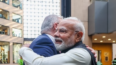 In this image received on July 9, 2026, Prime Minister Narendra Modi embraces Australian Prime Minister Anthony Albanese during the India-Australia CEOs Forum, in Melbourne, Australia. (PMO) In this image received on July 9, 2026, Prime Minister Narendra Modi embraces Australian Prime Minister Anthony Albanese during the India-Australia CEOs Forum, in Melbourne, Australia. (PMO)