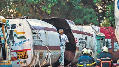 Mumbai, India. July 17, 2026 - At least one person died, and two others were injured when an empty gas tanker exploded during welding work near the HPCL colony in Chembur on Friday evening. Mumbai, India. July 17, 2026. (Photo by Raju Shinde/HT Photo) (Raju Shinde)