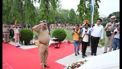 The DGP was in Karnal, where he paid tributes to the 82 martyrs at the police martyrs memorial of the Haryana Police Academy, Madhuban and observed two minutes of silence. (HT Photo) The DGP was in Karnal, where he paid tributes to the 82 martyrs at the police martyrs memorial of the Haryana Police Academy, Madhuban and observed two minutes of silence. (HT Photo)