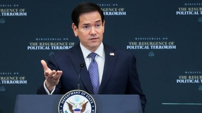 US Secretary of State Marco Rubio speaks during a ministerial meeting on political violence, at the State Department in Washington DC. (REUTERS)