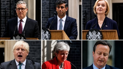 This combo of file photos show the former Prime Ministers of Britain since 2016 during their resignation speeches outside 10 Downing Street in London. Top row, from left, Keir Starmer, Rishi Sunak, and Liz Truss. Bottom row, from left, Boris Johnson, Theresa May, and David Cameron. (AP Photo/File) This combo of file photos show the former Prime Ministers of Britain since 2016 during their resignation speeches outside 10 Downing Street in London. Top row, from left, Keir Starmer, Rishi Sunak, and Liz Truss. Bottom row, from left, Boris Johnson, Theresa May, and David Cameron. (AP Photo/File)