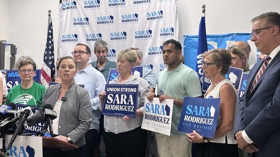 Sara Rodriguez, who was Democratic candidate for Wisconsin governor, speaks to supporters, Monday, July 13, 2026, in Madison, Wis. (AP Photo/Scott Bauer)