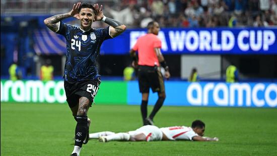 Enzo Fernandez #24 of Argentina celebrates scoring his team's first goal during the FIFA World Cup 2026 Semi Final match between England and Argentina at Atlanta Stadium in Atlanta, Georgia. (Getty Images via AFP)
