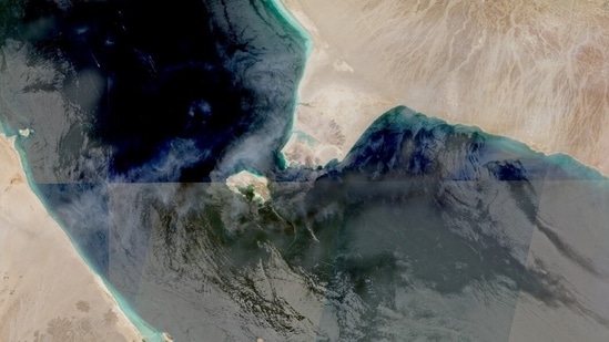 A satellite image shows Bab al Mandab Strait, a key shipping waterway and the gateway to the Red Sea, as Iran threatens using Yemen's Houthi allies to shut this gateway too.  