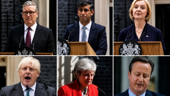 This combo of file photos show the former Prime Ministers of Britain since 2016 during their resignation speeches outside 10 Downing Street in London. Top row, from left, Keir Starmer, Rishi Sunak, and Liz Truss. Bottom row, from left, Boris Johnson, Theresa May, and David Cameron. (AP Photo/File)