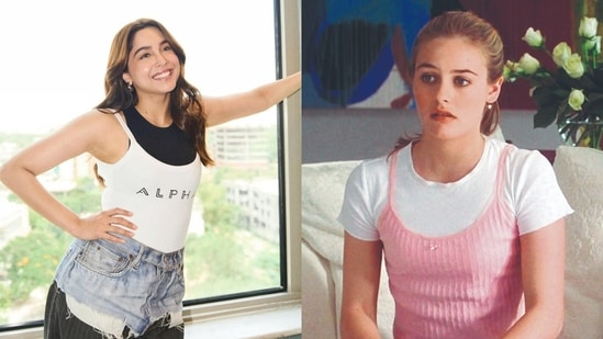 Actor Sharvari Wagh wearing the double top trend; Alicia Silverstone from Clueless in the 90s wearing a similar fit.