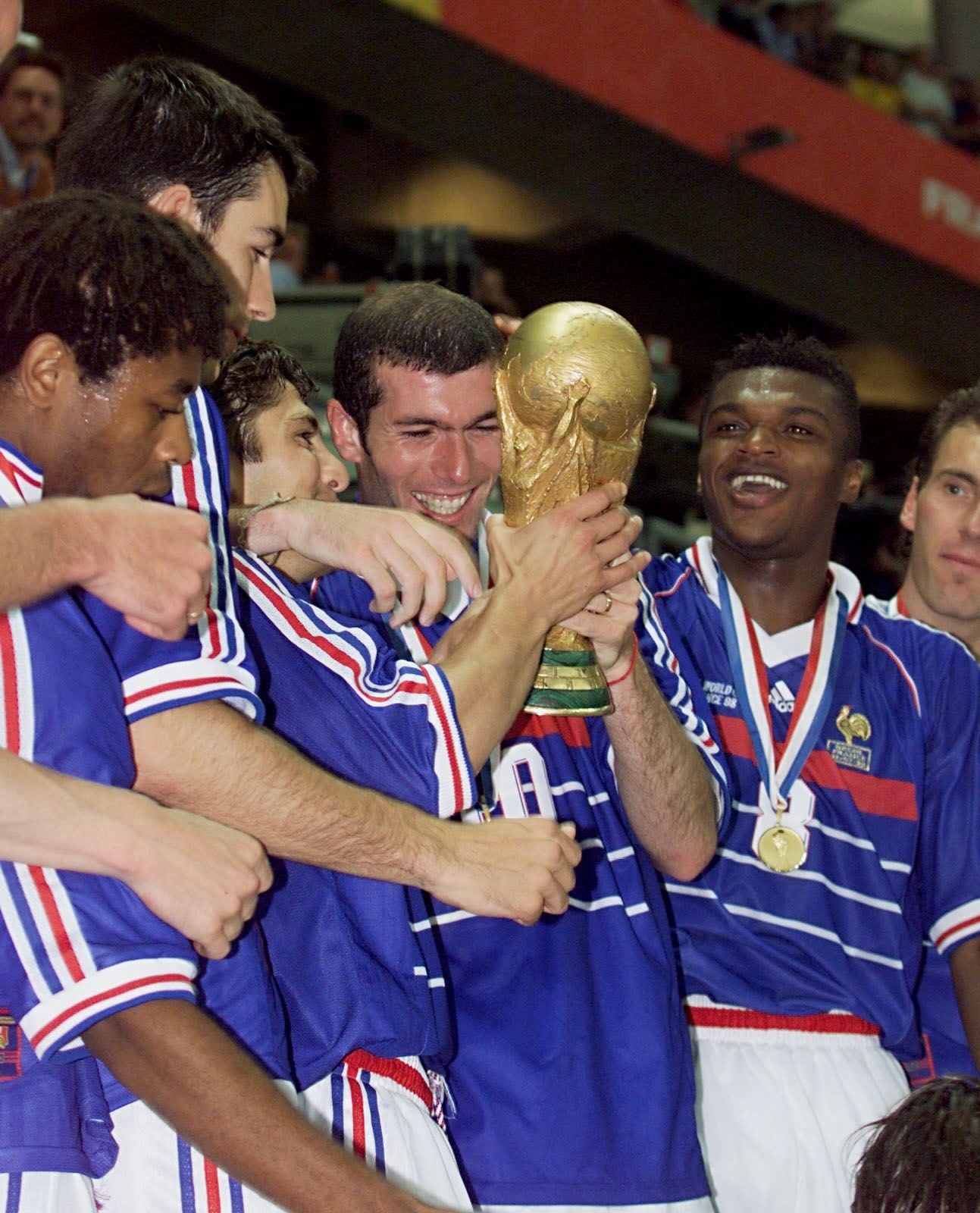 (From L) French players Bernard Diomede, Robert Pires, Bixente Lizarazu, Zinedine Zidane, Marcel Desailly and Laurent Blanc celebrate with the 1998 FIFA Trophy late on July 12, 1998 at the Stade de France in Saint-Denis after their World Cup final match against Brazil. (AFP) (From L) French players Bernard Diomede, Robert Pires, Bixente Lizarazu, Zinedine Zidane, Marcel Desailly and Laurent Blanc celebrate with the 1998 FIFA Trophy late on July 12, 1998 at the Stade de France in Saint-Denis after their World Cup final match against Brazil. (AFP)