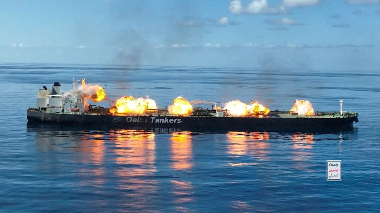 File photo of explosions on the deck of the Greek-flagged oil tanker Sounion on the Red Sea, (Houthi Military Media/Handout via Reuters)